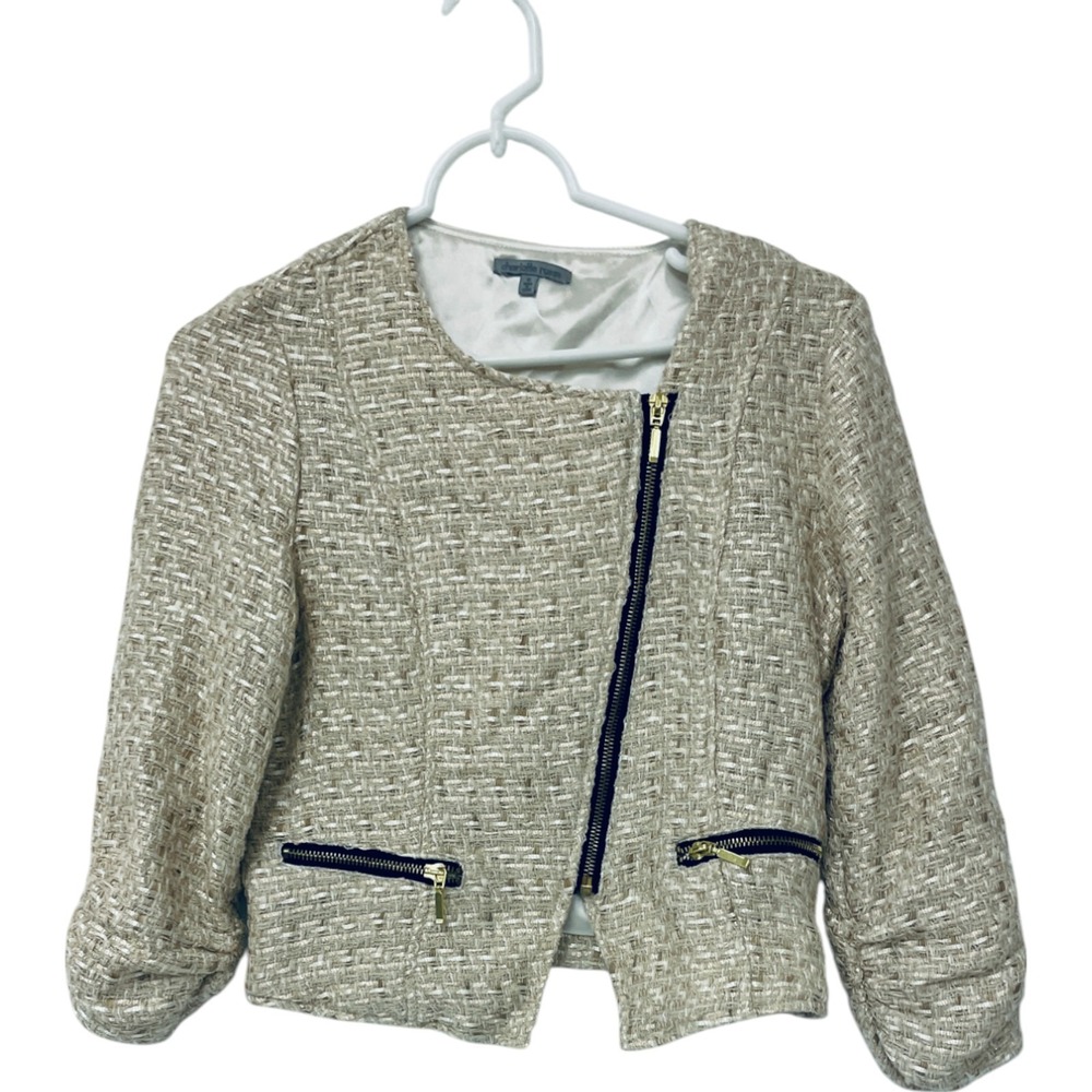 Charlotte Russe Blazer Beige Womens Size S Asymmetrical Zipper 3/4 Sleeve‎ Lined